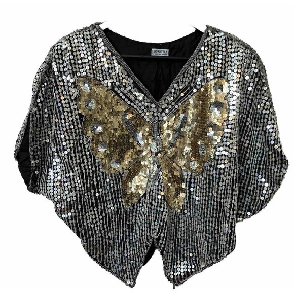 Vintage 100% Silk Sequin Beaded Butterfly Crop Top Y2K Cropped Black Silver - Picture 1 of 5